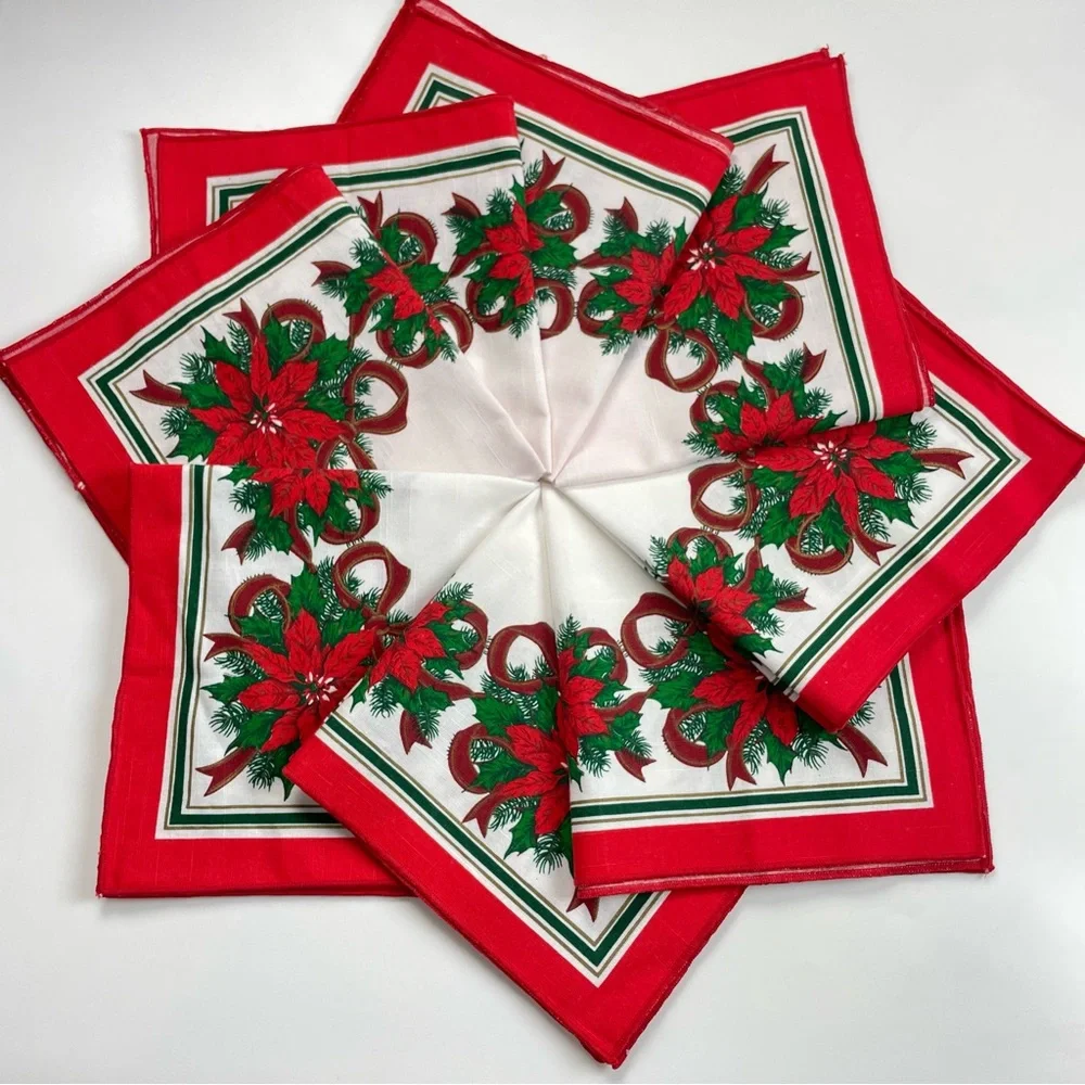 Vintage Christmas Napkins Cloth Poinsettia Flowers Red White Green Holiday Set 8